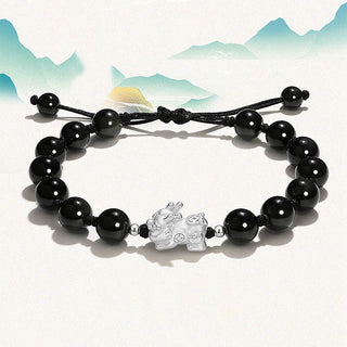 Buddha Gift Natural Black Obsidian Cat's Eye Pink Crystal PiXiu Strength Bracelet