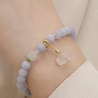 Buddha Gift Natural Aquamarine Chalcedony Serenity Rabbit Gourd Cat Charm Bracelet