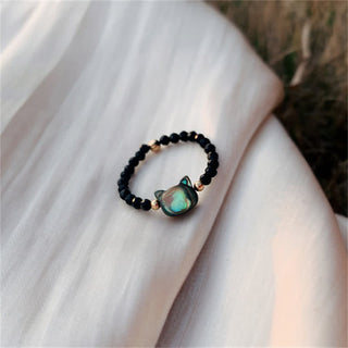Buddha Gift Natural Tridacna Stone Lovely Cat 14K Gold Blessing Ring