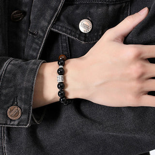 Buddha Gift 999 Sterling Silver Black Obsidian Tiger Eye Om Mani Padme Hum Fulfillment Bracelet