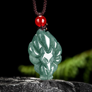 Buddha Gift Natural Green Jade Nine Tailed Fox Luck Necklace Pendant