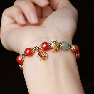 Buddha Gift Year of the Dragon Natural Cinnabar Fu Character Charm Blessing Bracelet