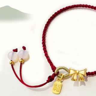 Buddha Gift Handmade Peach Blossom Rosette Bow Knot Fu Character Charm Luck Fortune Red Rope Bracelet