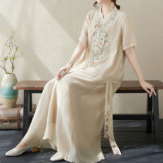 Buddha Gift 2Pcs Flower Embroidery Short Sleeve Tee T-shirt Wide Leg Pants Set