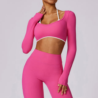 Buddha Gift Solid Color Halter Neck Bra Long Sleeve Crop Tank Top Pants Sports Fitness Gym Yoga Outfits