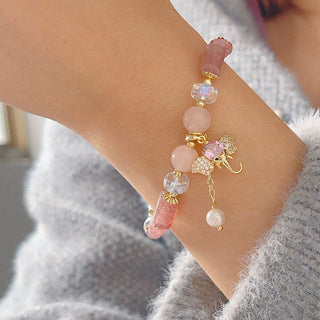 Buddha Gift Amethyst Green Aventurine Strawberry Quartz Positive Elephant Charm Bracelet