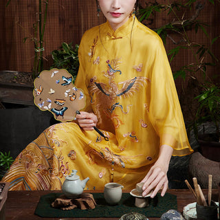 Buddha Gift 100% Mulberry Silk Organza Dress Embroidered Yellow Phoenix Qipao Cheongsam Dress