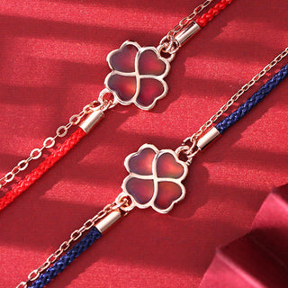 Buddha Gift 925 Sterling Silver Color-changing Four Leaf Clover Luck Protection Red String Bracelet