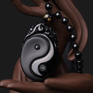 Buddha Gift Natural Black Obsidian Yin Yang Fulfilment Strength Necklace Pendant