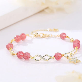 Buddha Gift 14K Gold Plated Natural Strawberry Quartz Moonstone Möbius Loop Eternal Love Star Positive Bracelet