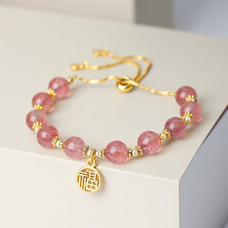 Buddha Gift 14K Gold Plated Natural Strawberry Quartz Fu Character Positive Charm Bracelet