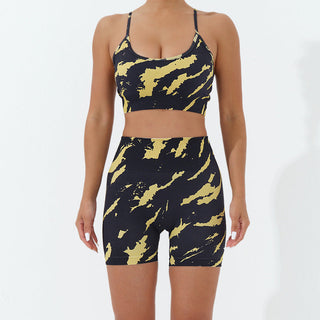 Buddha Gift 2Pcs Camo Print Backless Criss-Cross Strap Top Bra Shorts Leggings Pants Fitness Yoga Outfit Set