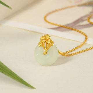 Buddha Gift 925 Sterling Silver Hetian Jade Ginkgo Leaves Prosperity Necklace Pendant