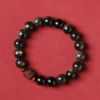 Buddha Gift Natural Gold Sheen Obsidian Rainbow Obsidian Om Mani Padme Hum Fu Character Healing Bracelet