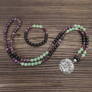 Buddha Gift 108 Mala Beads Amethyst Green Aventurine Lotus Meditation Bracelet