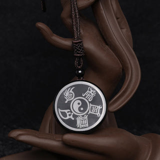 Buddha Gift Black Obsidian Taoism Five Sacred Mountains Nine-Character Mantra Carved Purification Yin Yang Necklace Pendant