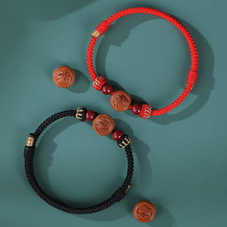 Buddha Gift Natural Peach Wood Chinese Zodiac Fu Character Carved Cinnabar Wealth Bracelet