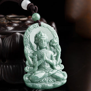 Buddha Gift Four-armed Avalokitesvara Natural Jade Amulet Blessing String Necklace