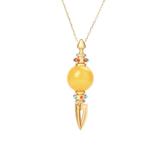 Buddha Gift 24K Gold Plated Amber Dorje Vajra Clear Anxiety Necklace Pendant