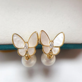 Buddha Gift 925 Sterling Silver Posts 18K Gold Plated Copper Pearl Butterfly Optimism Stud Earrings