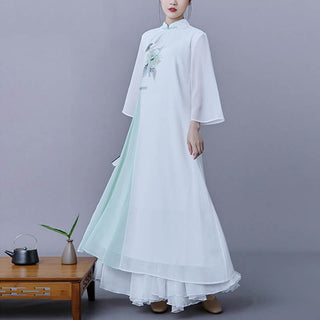 Buddha Gift 2Pcs Flower Three Quarter Sleeve Midi Dress Skirt Chiffon Zen Clothing Women's Set