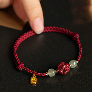 Buddha Gift Natural Cinnabar Chinese Zodiac Hetian Jade Fu Character Luck Rope Bracelet