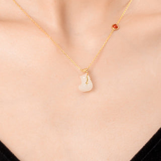 Buddha Gift 925 Sterling Silver Plated 18K Gold Hetian Jade Ruyi Cat Cinnabar Luck Bracelet Necklace Pendant Set