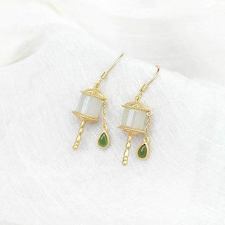 Buddha Gift 925 Sterling Silver Jade Prayer Wheel Luck Drop Earrings