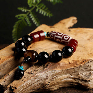 Buddha Gift Tibetan Nine-Eye Dzi Bead Black Onyx Wealth Protection Bracelet