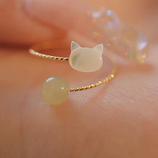 Buddha Gift Tridacna Stone Cat Head Jade Bead Blessing Ring