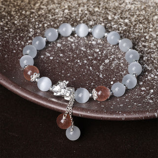 Buddha Gift Natural Cat's Eye Moonstone Strawberry Quartz PiXiu Support Bracelet