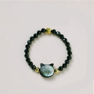 Buddha Gift Natural Tridacna Stone Lovely Cat 14K Gold Blessing Ring