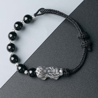 Buddha Gift 999 Sterling Silver FengShui PiXiu Natural Black Obsidian 925 Sterling Silver Bead Strength Bracelet