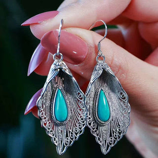 Buddha Gift 925 Sterling Silver Turquoise Bodhi Leaf Pattern Protection Drop Dangle Earrings