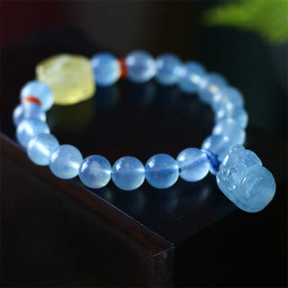 Buddha Gift Natural Aquamarine Amber Pixiu Peace Healing Charm Bracelet