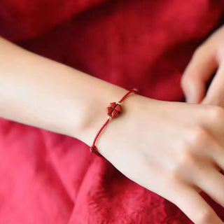 Buddha Gift Natural Cinnabar Four Leaf Clover Blessing Red String Bracelet Anklet