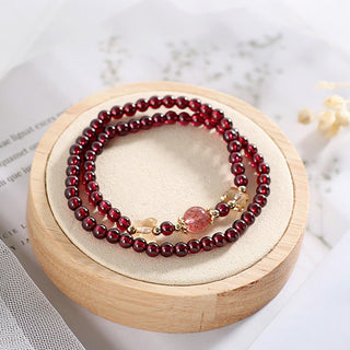 Buddha Gift 14K Gold Plated Natural Garnet Strawberry Quartz Butterfly Protection Double Wrap Bracelet