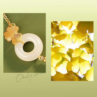 Buddha Gift 925 Sterling Silver Hetian White Jade Peace Buckle Ginkgo Leaf Luck Bracelet