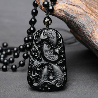 Buddha Gift Black Obsidian Koi Fish Engraved Strength Beaded Necklace Pendant