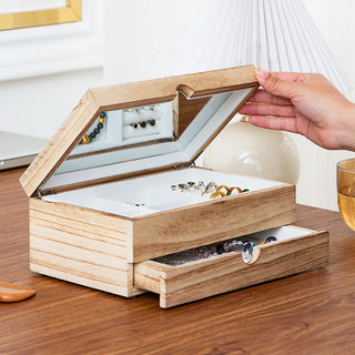 Buddha Gift Retro Beige Wooden Jewelry Box Two-Layer Jewelry Storage Box With Mirror