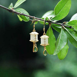 Buddha Gift 925 Sterling Silver Jade Prayer Wheel Luck Drop Earrings