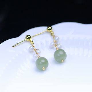 Buddha Gift Hetian Jade Flower Pattern 14K Gold Plated Luck Drop Dangle Earrings