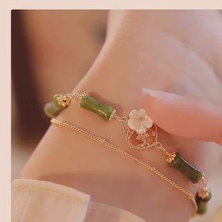 Buddha Gift 14k Gold Plated Copper Peridot Bamboo Flower Wealth Double Layer Bracelet
