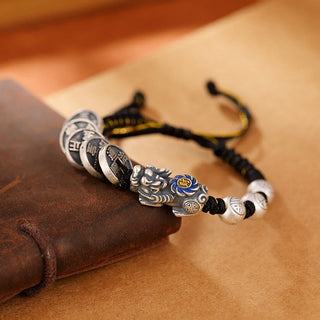 Buddha Gift 999 Sterling Silver FengShui PiXiu Copper Coin Fu Character Wealth Braided Bracelet