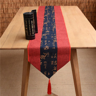 Buddha Gift Classic Chinese Style Lotus Koi Fish Flower Crane Calligraphy Enlightenment Cotton Linen Tassels Table Runner