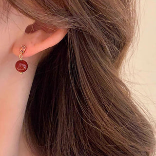 Buddha Gift 925 Sterling Silver Posts 14K Gold Filled Cinnabar Bead Zircon Calm Earrings