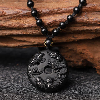 Buddha Gift Black Obsidian Dragon Phoenix Mandarin Duck Luck Protection Necklace Pendant