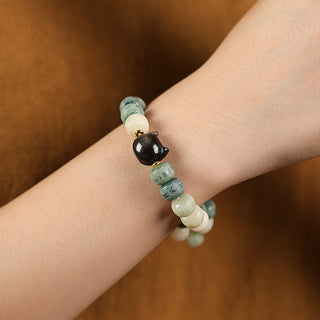 Buddha Gift Bodhi Seed Silver Sheen Obsidian Cat Head Om Mani Padme Hum Engraved Harmony Bracelet