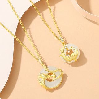 Buddha Gift 925 Sterling Silver Year of the Dragon Hetian Jade Golden Dragon Phoenix Peace Buckle Luck Necklace Pendant