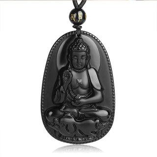 Buddha Gift Chinese Zodiac Natal Buddha Natural Black Obsidian Purification Necklace Pendant